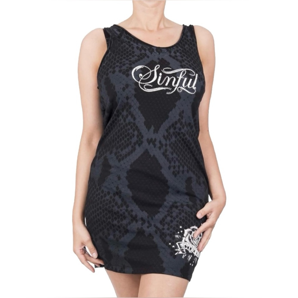 Sinful x Affliction Women’s Black Dress White Logo Crystal Studded Size Small